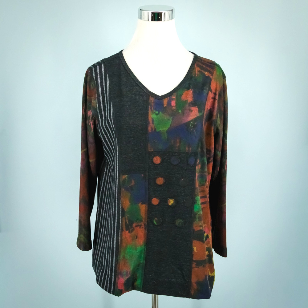 Ali Miles Size Large L Black Mixed Geometric Print Long Sleeve Artsy Tunic Top